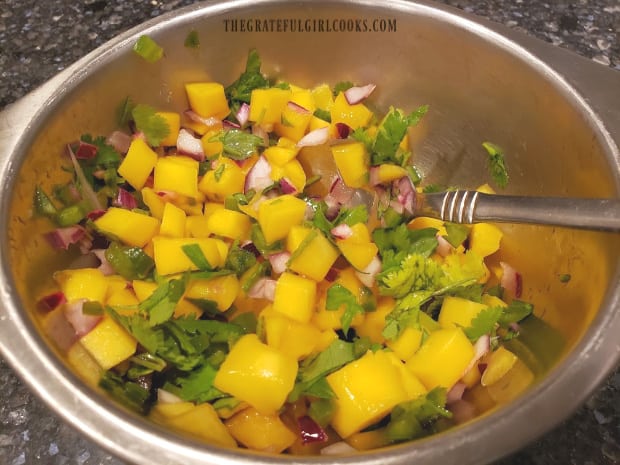 Cilantro, red onion, mango, jalapeno and lime juice are mixed together for salsa.