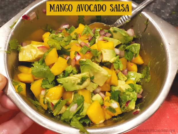 Make delicious mango avocado salsa in 10 minutes! It's a perfect topping for fish, chicken & pork, or can be served as an appetizer w/ tortilla chips!