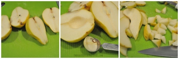 Fresh pears are cored, sliced and cut into cubes.