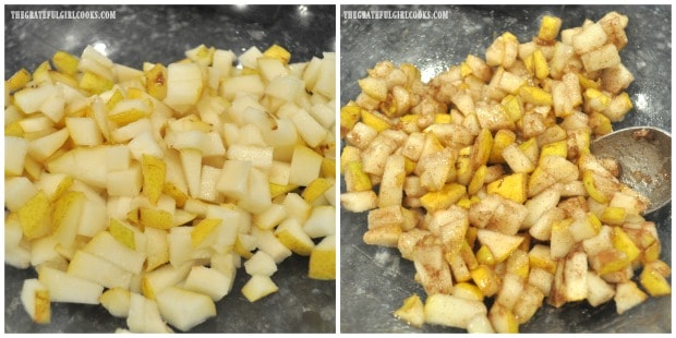 Pear chunks are mixed with cinnamon, sugar and lemon juice before adding to batter.