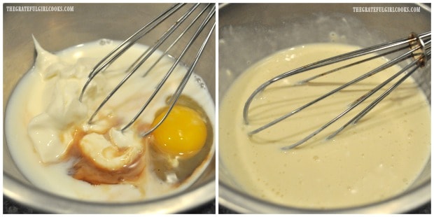 Sour cream, vanilla, egg, and milk are whisked together to make bread batter.