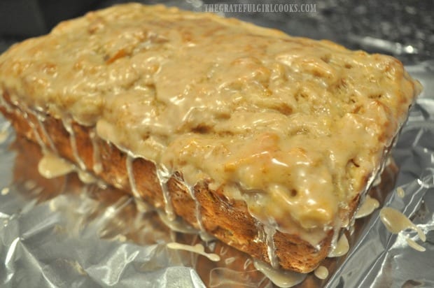 A loaf of vanilla glazed pear bread is ready to eat!