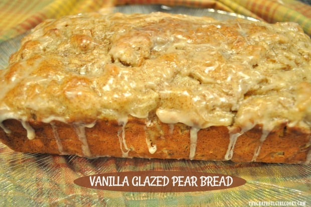 Make a large, delicious loaf of Vanilla Glazed Pear Bread, or use the recipe to make 12 muffins, filled with fresh pears & topped with a sweet glaze!