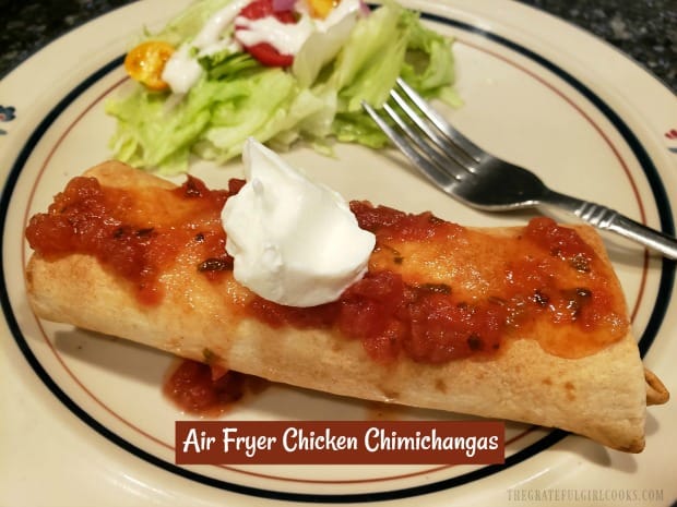 Enjoy delicious, easy to make air fryer chicken chimichangas, with chicken, salsa, black beans & cheese! They cook in 10 minutes, using an air fryer!