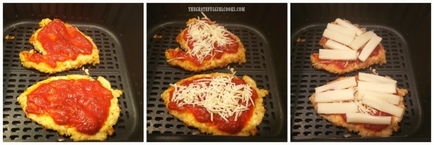 Air fryer chicken parmesan is topped with sauce, Parmesan and mozzarella cheeses.