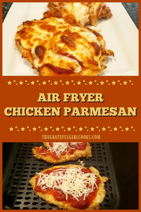 Air Fryer Chicken Parmesan is a quick and easy way to make this classic Italian dish (cooks in 10 minutes)! Tender inside, & crispy on the outside.