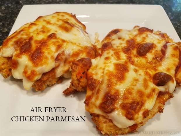 Air Fryer Chicken Parmesan is a quick and easy way to make this classic Italian dish (cooks in 10 minutes)! Tender inside, & crispy on the outside.