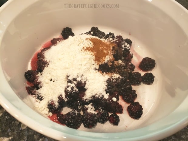 Blackberries, flour, cinnamon and sugar are combined in a medium sized bowl.