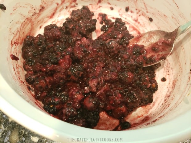 Once mixed, the fruit filling is ready to make the blackberry handpies.