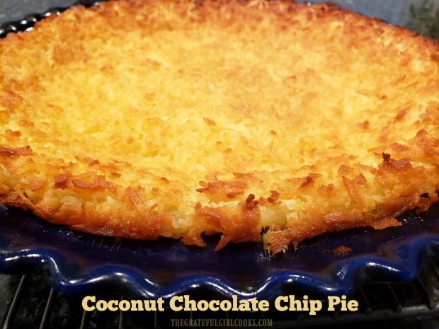 Coconut Chocolate Chip Pie is a tasty, crust-less, easy dessert to make! Mix ingredients in blender, pour into pie pan, add chocolate chips, & bake!