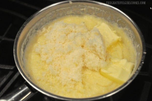 Parmesan polenta is finished, once butter and grated Parmesan cheese are mixed in.