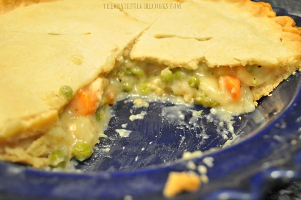 A peek at the inside of this easy chicken pot pie after removing a slice.