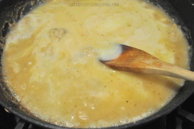 Chicken and milk are added to the cooked onions, flour and spices.