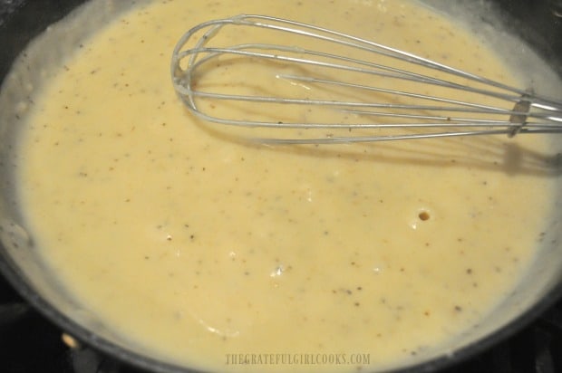 The sauce has thickened, and is ready to add to the veggies and chicken.