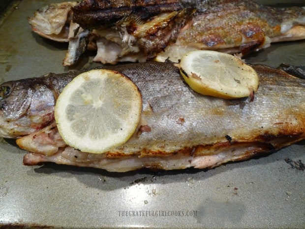 The fish skin is crisp, after removing it from the grill.