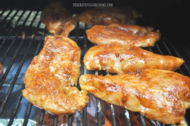 Chili smoked chicken breasts on the Traeger grill.