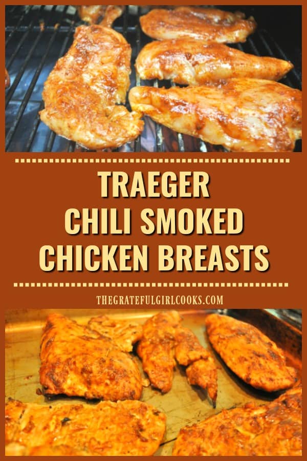 Cook delicious chili smoked chicken breasts on a Traeger or pellet grill. Chicken is basted w/ a simple seasoning, then smoked and grilled to finish! 