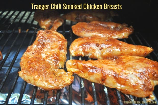 Cook delicious chili smoked chicken breasts on a Traeger or pellet grill. Chicken is basted w/ a simple seasoning, then smoked and grilled to finish! 