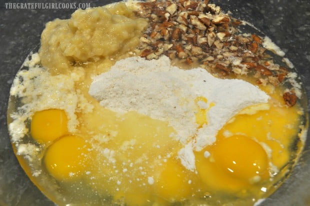 All ingredients for the pound cake are mixed in a large bowl.