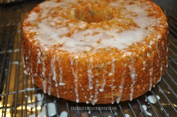 The banana nut pound cake is covered with a simple icing before serving.