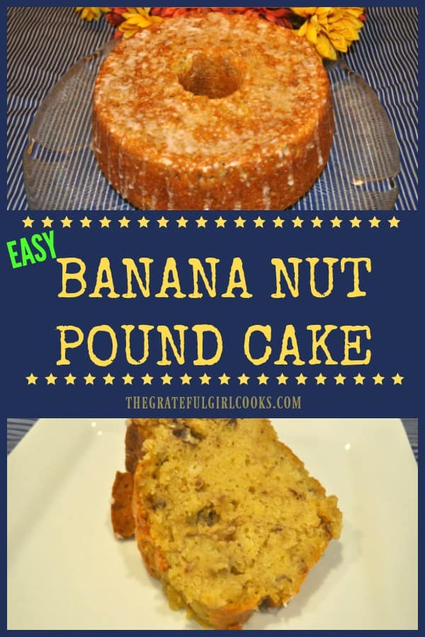 Ten minutes prep time is all you need to make this simple, scrumptious Banana Nut Pound Cake, drizzled with a simple glaze. Easy recipe serves 12!