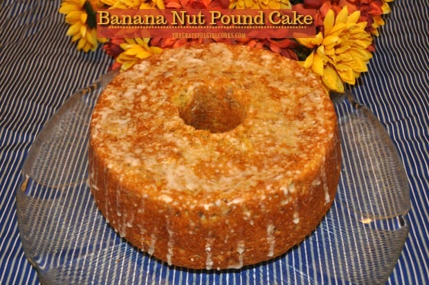 Ten minutes prep time is all you need to make this simple, scrumptious Banana Nut Pound Cake, drizzled with a simple glaze. Easy recipe serves 12!