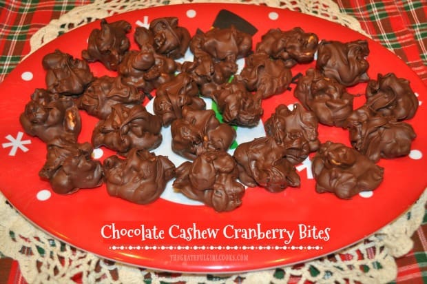 FIVE MINUTES and THREE INGREDIENTS are all you need to make 2 dozen yummy chocolate cashew cranberry bites, perfect for munching or gift giving!
