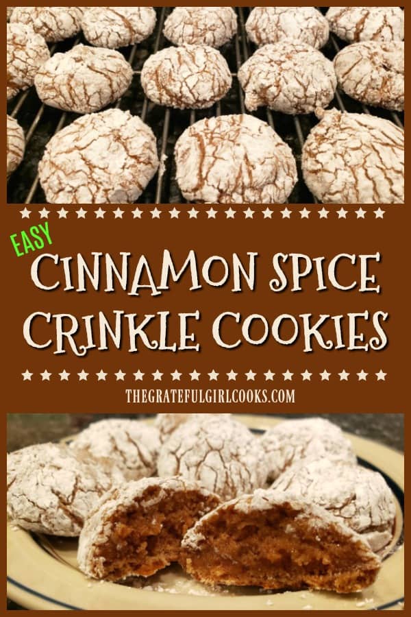 Make 3 dozen, super yummy Cinnamon Spice Crinkle Cookies very easily, using only 5 ingredients, including a boxed spice cake mix as a shortcut!