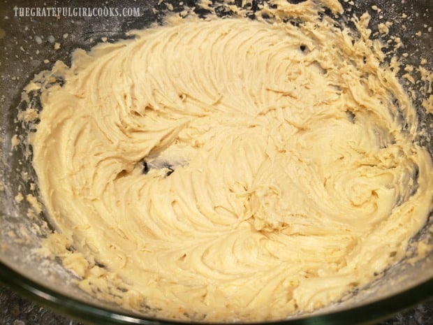 The cake batter is now creamed together and is ready for cranberries to be added.