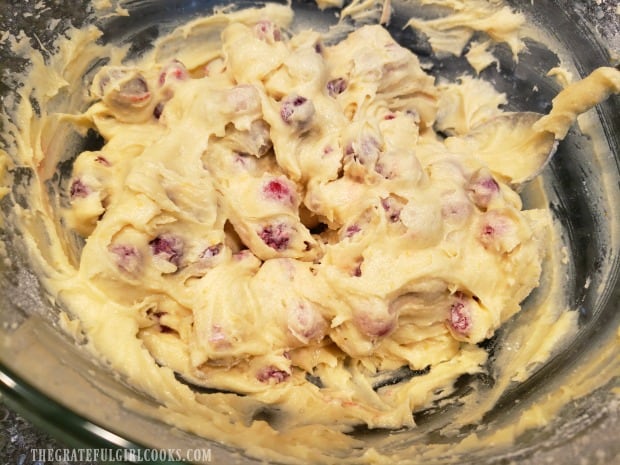 The batter for the cranberry orange cake is ready for the baking dish!