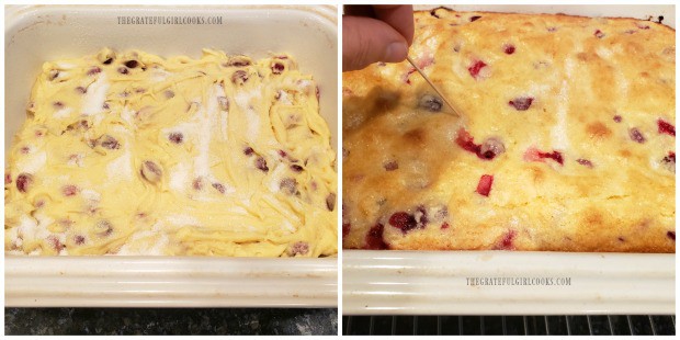 Cake in pan, before baking and after baking.