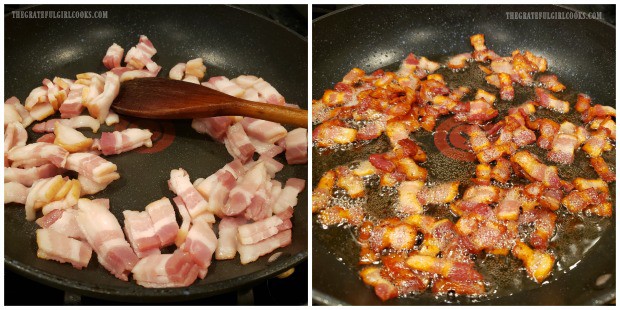 Bacon is cooked in large skillet until very crisp.