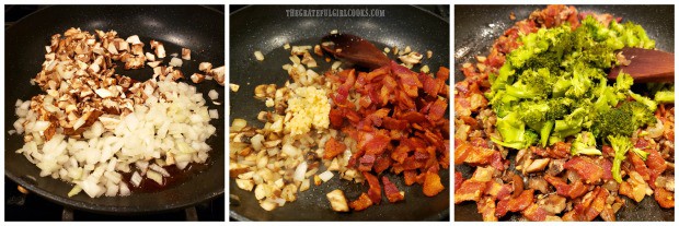 Cooked onions, mushrooms, garlic, broccoli and crisp bacon are mixed together in skillet.