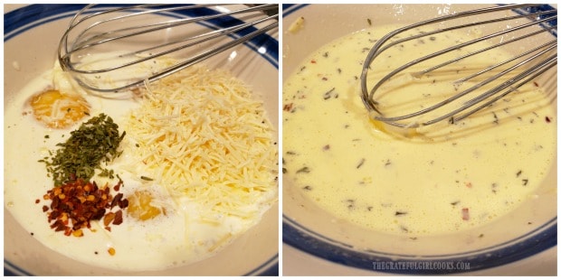 The carbonara sauce is prepared by whisking ingredients together in bowl.