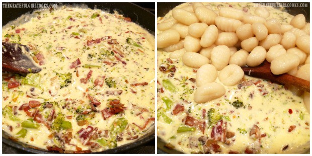 Heating the gnocchi and broccoli carbonara in a skillet before serving.