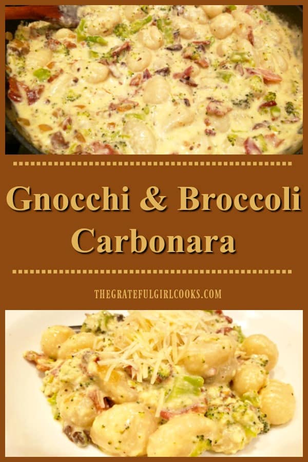 Gnocchi and Broccoli Carbonara is a delicious Italian dish, featuring potato dumplings coated in a bacon, Parmesan, mushroom and garlic creamy sauce.