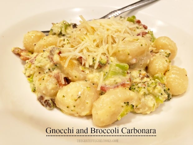 Gnocchi and Broccoli Carbonara is a delicious Italian dish, featuring potato dumplings coated in a bacon, Parmesan, mushroom and garlic creamy sauce.