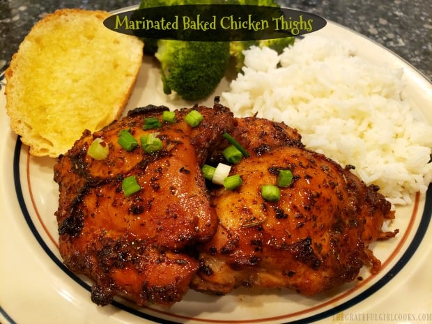 Need an easy, yummy entree? Try Marinated Baked Chicken Thighs! Chicken is dry-rubbed w/ spices, marinated in a sweet soy & garlic sauce, and baked. 