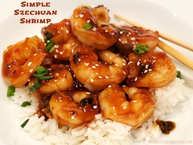 Need dinner quick? Try delicious, Simple Szechuan Shrimp! This EASY, Asian-inspired meal can be cooked and on the table in about 15 minutes total!