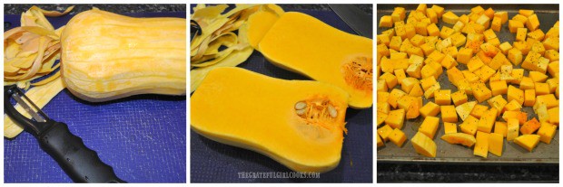 A butternut squash is peeled, sliced, and cubed before roasting.