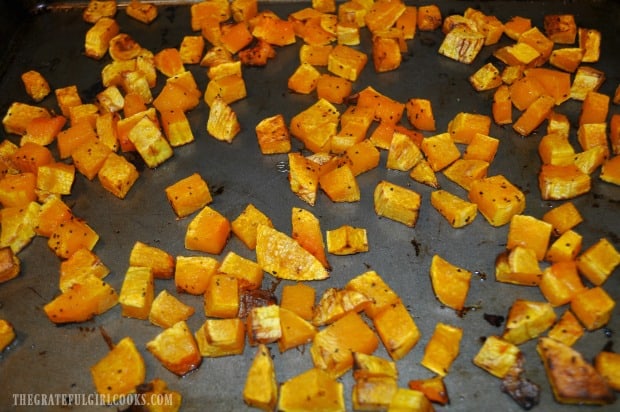 The roasted butternut squash is baked, then set aside to cool.