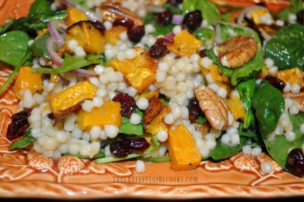 This is a closeup photo of the pretty Thanksgiving salad, ready for serving.