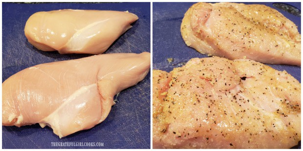 Seasoning sauce is brushed over one side of the chicken breasts.