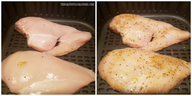 The chicken is placed in preheated air fryer, and other side is basted with sauce.