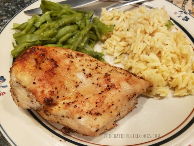 Air fryer chicken breasts were served with orzo and green beans.