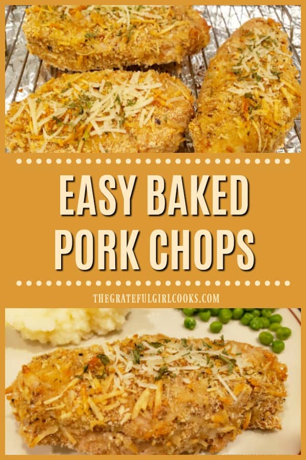 Easy Baked Pork Chops are covered with a seasoned bread crumb/Parmesan cheese mix for lots of flavor! Prep time is 10 minutes, then bake until done!