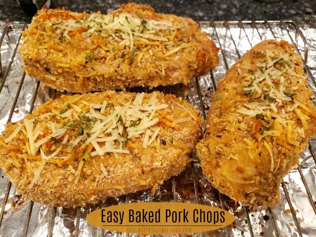 Easy Baked Pork Chops are covered with a seasoned bread crumb/Parmesan cheese mix for lots of flavor! Prep time is 10 minutes, then bake until done!