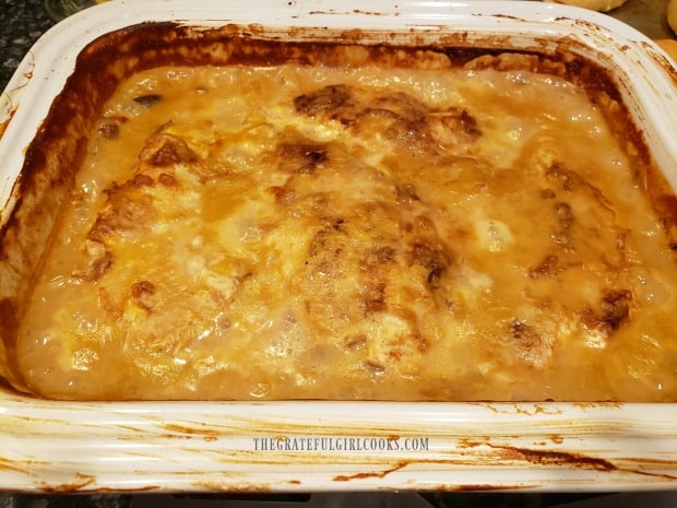 The chicken casserole is baked, and is now ready to serve.