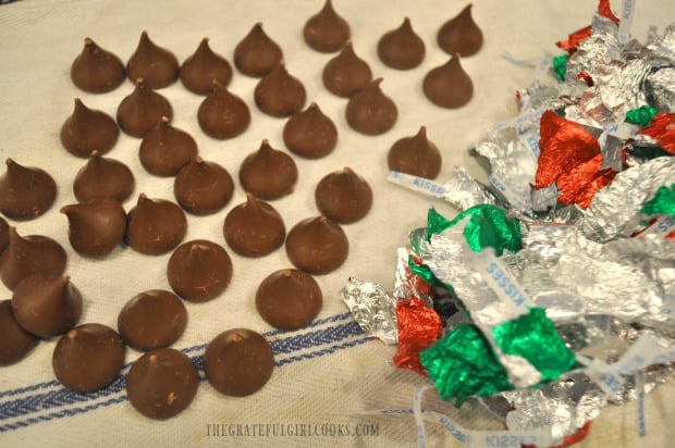 Unwrapped Hershey Kisses, ready to add to baked cookies.