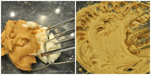 Peanut butter and vegetable shortening are beaten together.